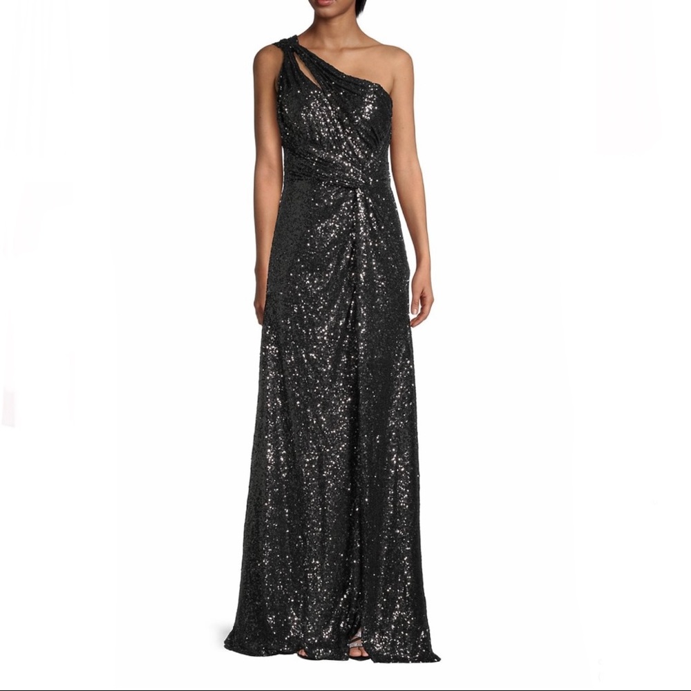# Rene Ruiz Collection Gunmetal Color One Shoulder Sequined Gown With High Slit
